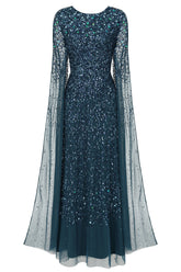 Paulina Deep Teal Sequin Cape Sleeve Maxi Dress